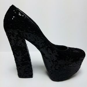 FRH - Black Sequin Platform Heels - Retro Block 7.5